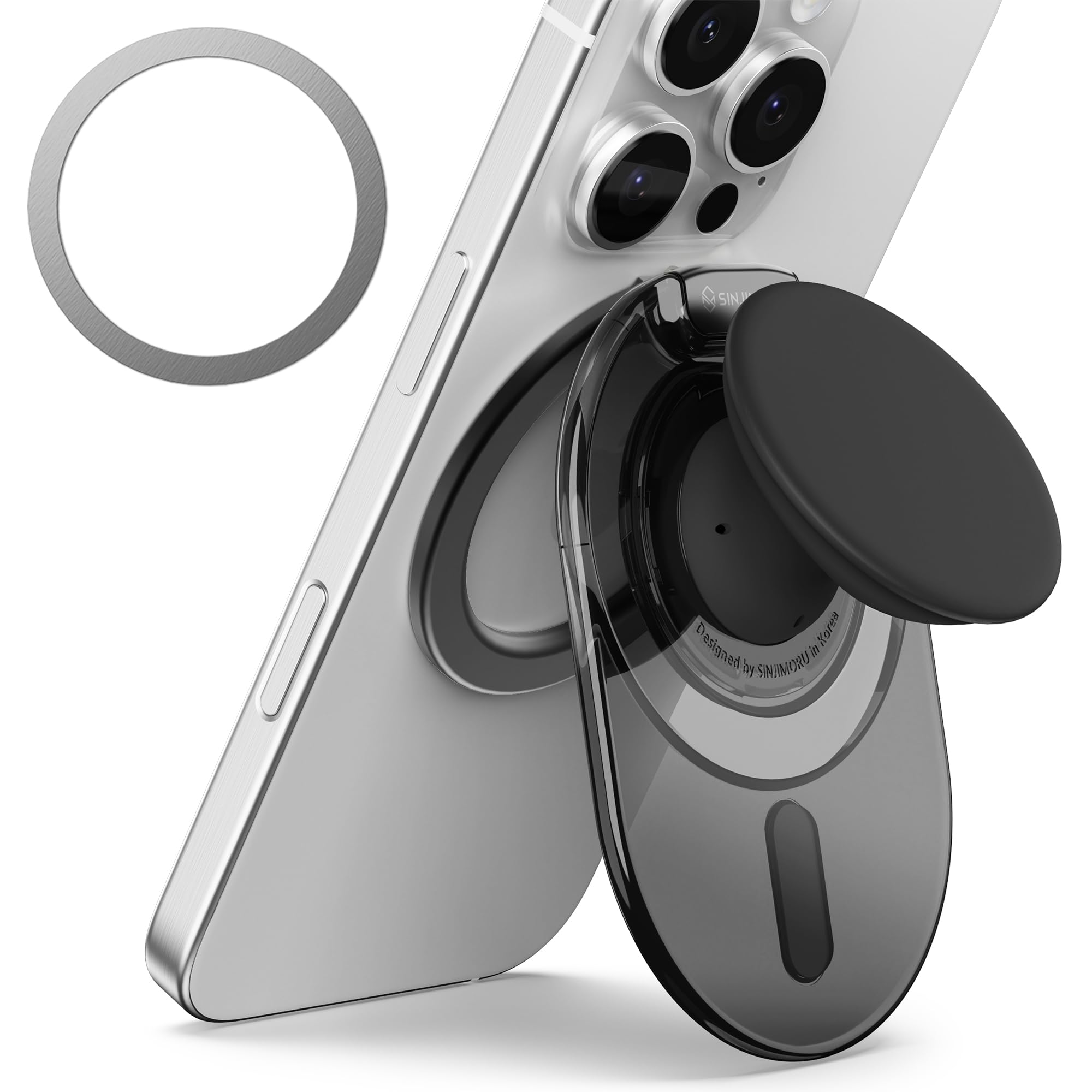 Sinjimoru Phone Grip Stand, Compatible with MagSafe, Adaptor Ring Included, 3000G Kickstand for iPhone 17/16/15/14/13. M-Tap Tok Stand Clear Black