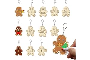 RattanView 24 Pcs Gingerbread Men Craft Color Your Own Keychains DIY Craft Wooden Blank Keychains for Sunday School Classroom Home Active Party Favors Gifts, 12 Styles