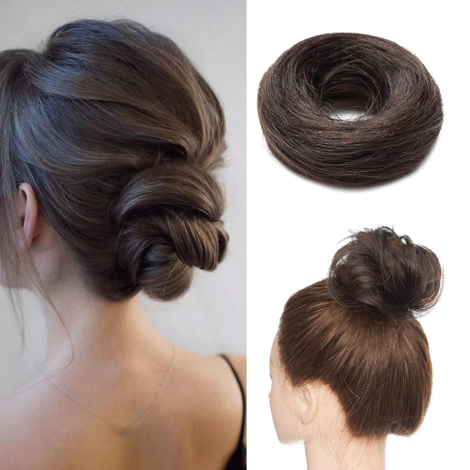 Hair Bun Scrunchy Scrunchie Updo 100% Silky Soft Real Remy Human Hair Extensions Donut （#02 Dark Brown）