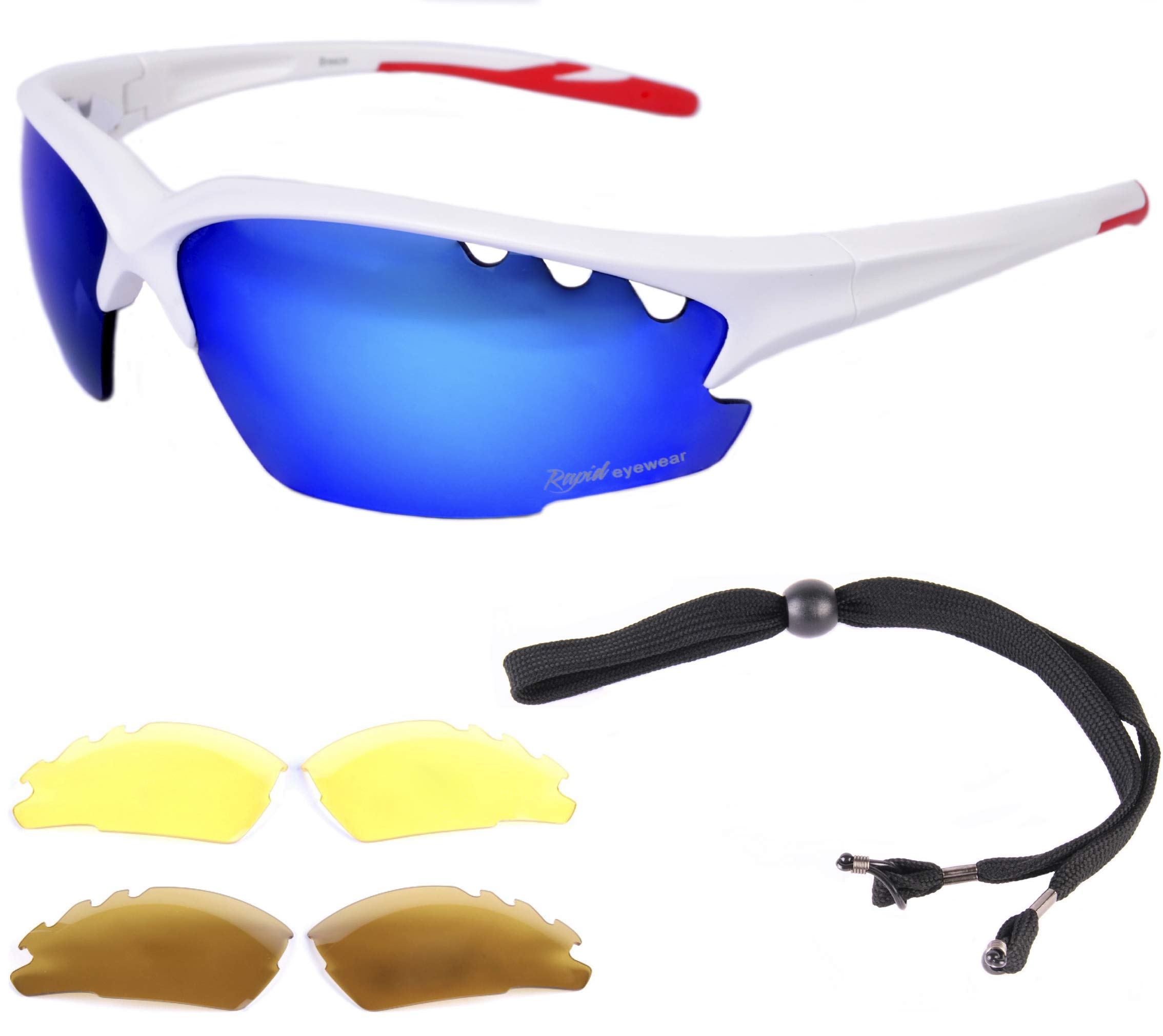 Rapid Eyewear Breeze Lightweight WHITE SPORTS SUNGLASSES with Interchangeable Polarised and Low Light Lenses. For Men & Women. Ideal Cricket, Beach Volleyball and Tennis Glasses. UV400 Protection