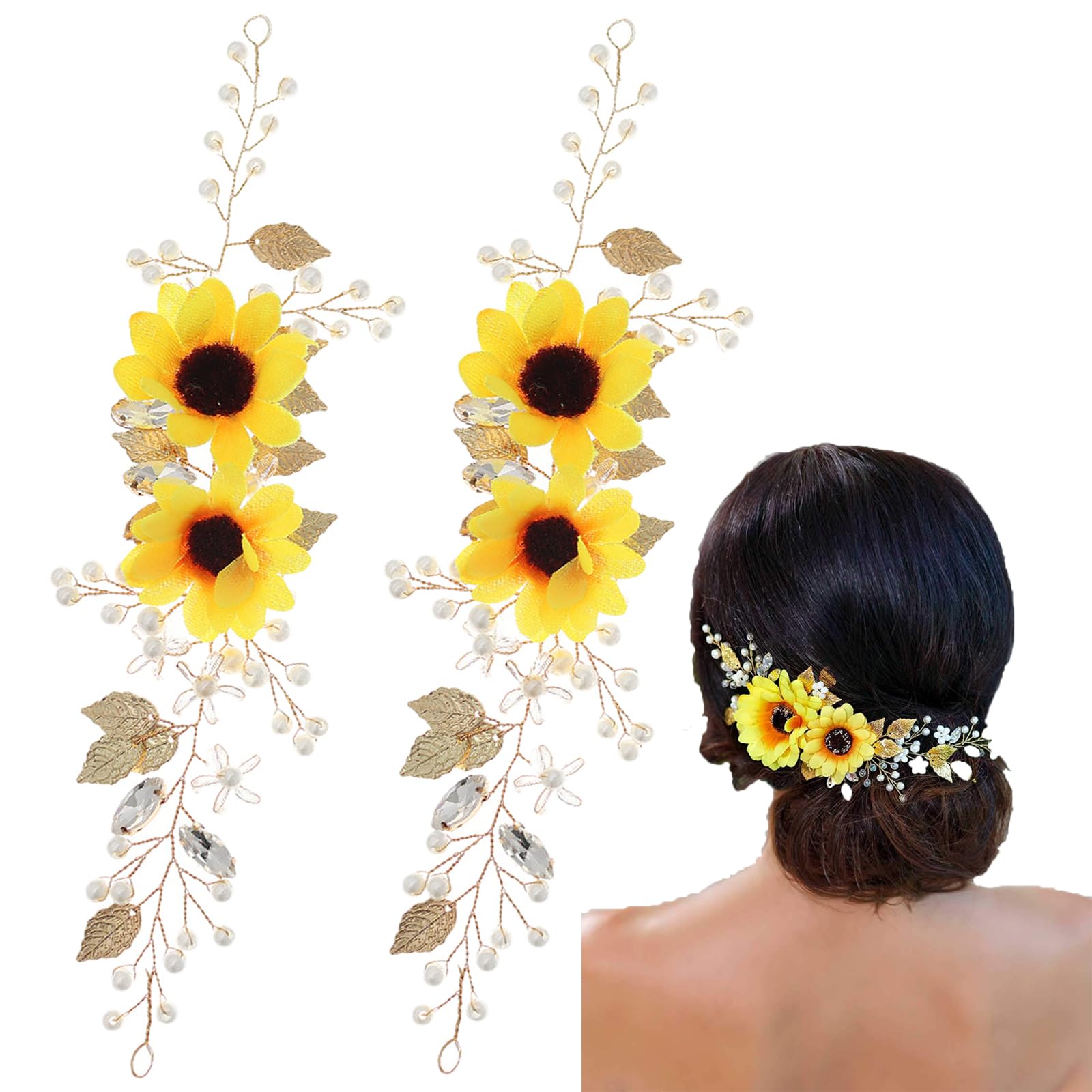 Photo 1 of Beavorty Sun Flower Headband, 2pcs Crystal Decor Hair Accessories for Women, Wedding Hair Pieces, Zinc Alloy, Silk Cloth, Zircon