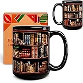 Book Lover Coffee Mug 15oz - Unique Library Gift for Readers, Bookworms & Librarians - Reading Bookish Items Novelty Ceramic Coffee Cup with Cute Cat and Books Design -46
