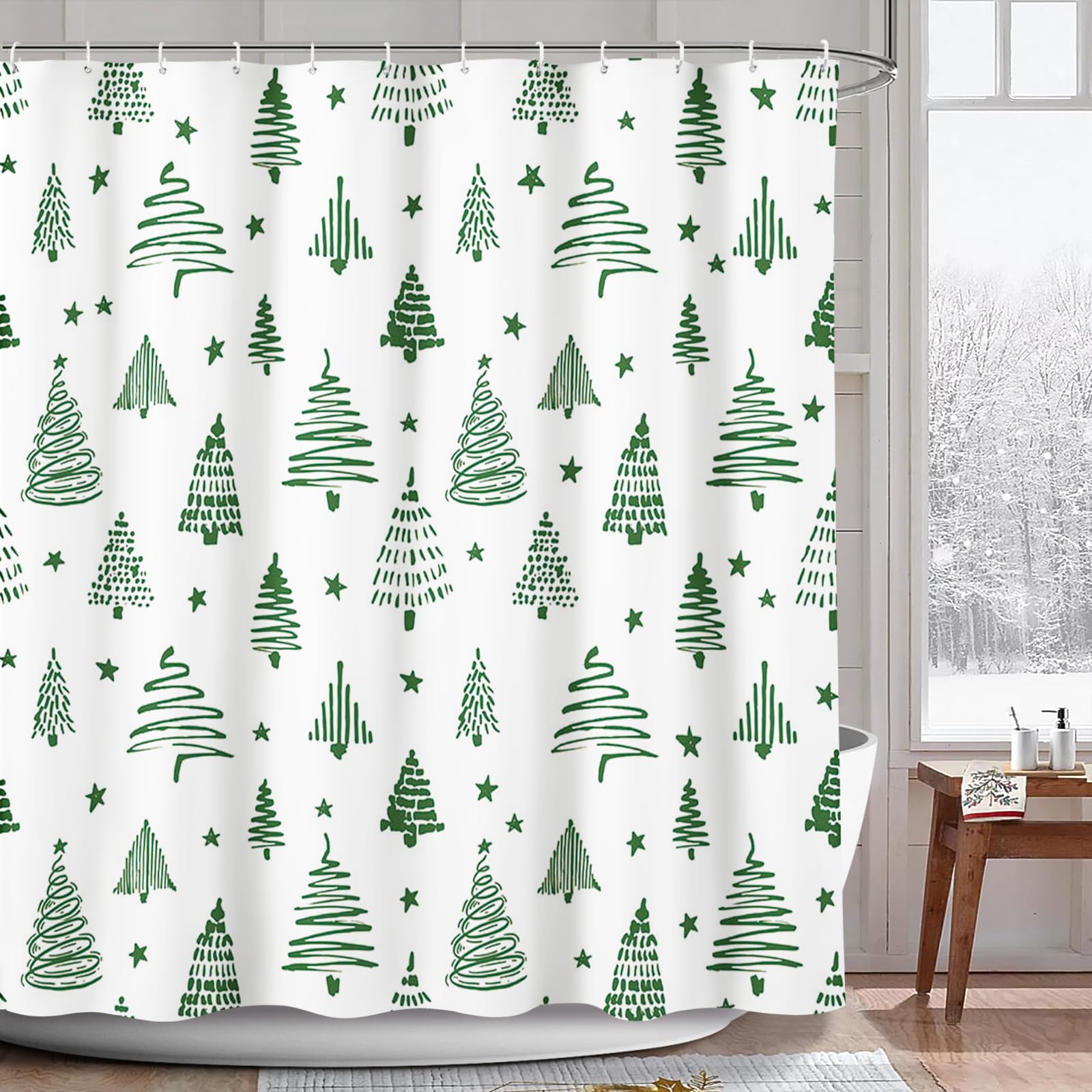 AIBIIN Winter Christmas Shower Curtain Green Xmas Tree Stars Bath Curtains for Bathroom Christmas Holiday Home Decor Durable Polyester Material with 12 Hooks 180x180cm