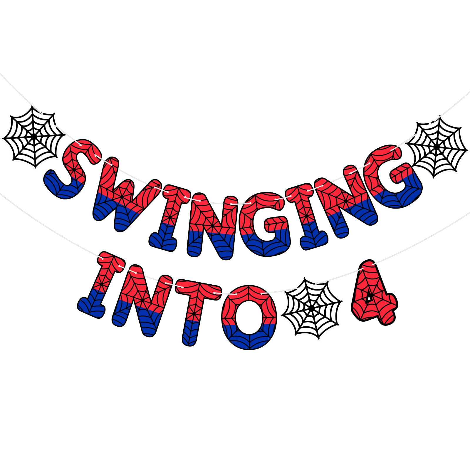 Photo 1 of TaoBary Spider Theme 4th Birthday Banner, Pre-Strung Swinging into 4 Banner, Ghost Spider 4th Birthday Decorations Party Supplies for Kids, Fourth Decor for 4 Year Old Boys Girls (Red and Blue)