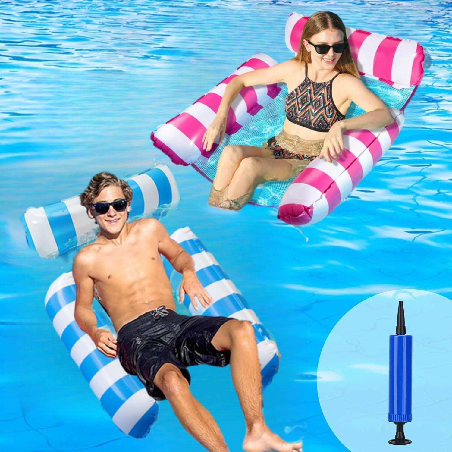 2Pack Inflatable Pool Floats Hammock, 4-in-1 Multi-Purpose Inflatable Hammock with Manual Air Pump for Pool Lake Beach, Pool Inflatables for Adults Kids (B)