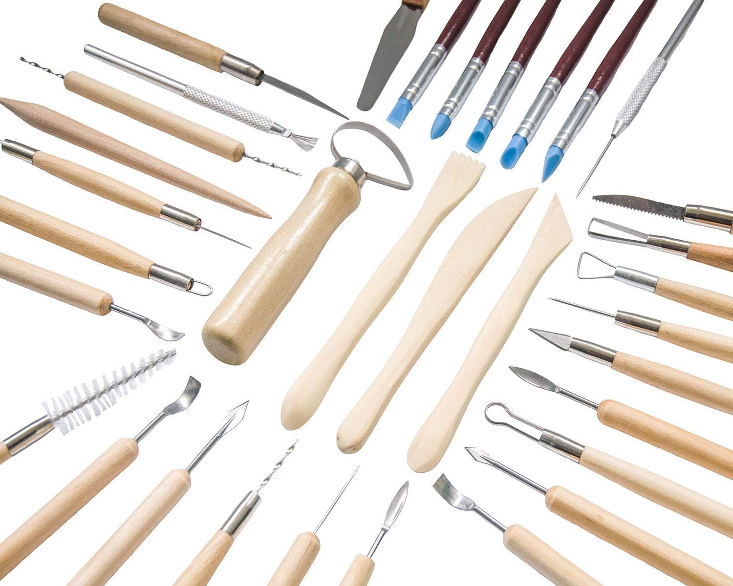 Augernis Ceramic Clay Tools, 45Pcs Pottery Sculpting Tools Set with Wooden Handles for Pottery Modeling, Smoothing, Carving, Beginners Kid's After Classes Club