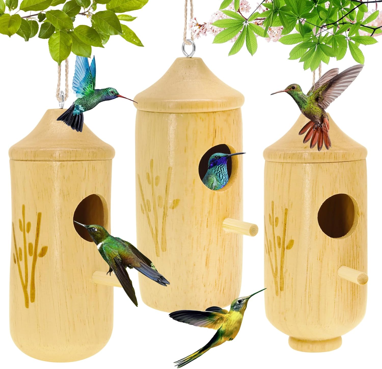 Backyard Birding & Wildlife - Hummingbird Houses, 3 Pcs Bird Houses for Garden Window Outdoor Home Hummingbird Swinging Hummingbird Nest Natural Wooden Hummingbird Houses for Outside Hanging