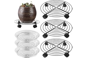 PLANTERHOMA 3 Packs Large Metal Plant Caddy 13” Plant Dolly with Wheels Heavy-duty Wrought Iron Rolling Plant Stand with Casters for Indoor and Outdoor Plant Pot Rollers Black, Plastic Saucers Included