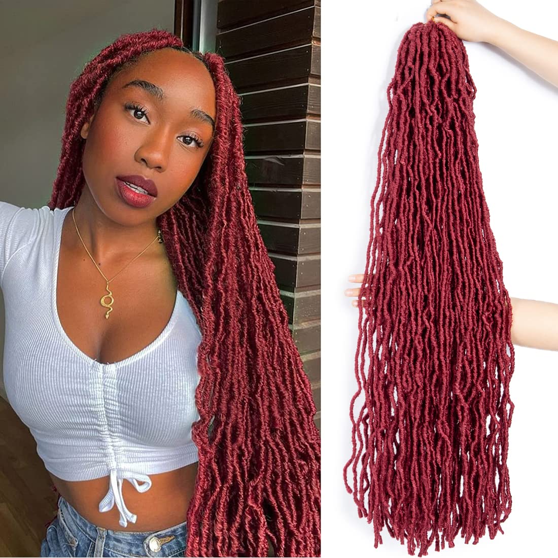 Faux Locs 24 Inch red Crochet Hair New Soft Locs 6 Packs/Lot Burgundy Curly Wavy Pre-Looped Faux Locs Goddess Synthetic Fiber Hair Extensions (24 Inch, BUG) — image 1