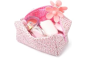 SOIDRAM Quilted Makeup Bag Floral Cosmetic Bag Puffy Coquette Makeup pouch Aesthetic Cute Pink Travel Toiletry Bag Organizer cotton Makeup Brushes Storage Bag for Women