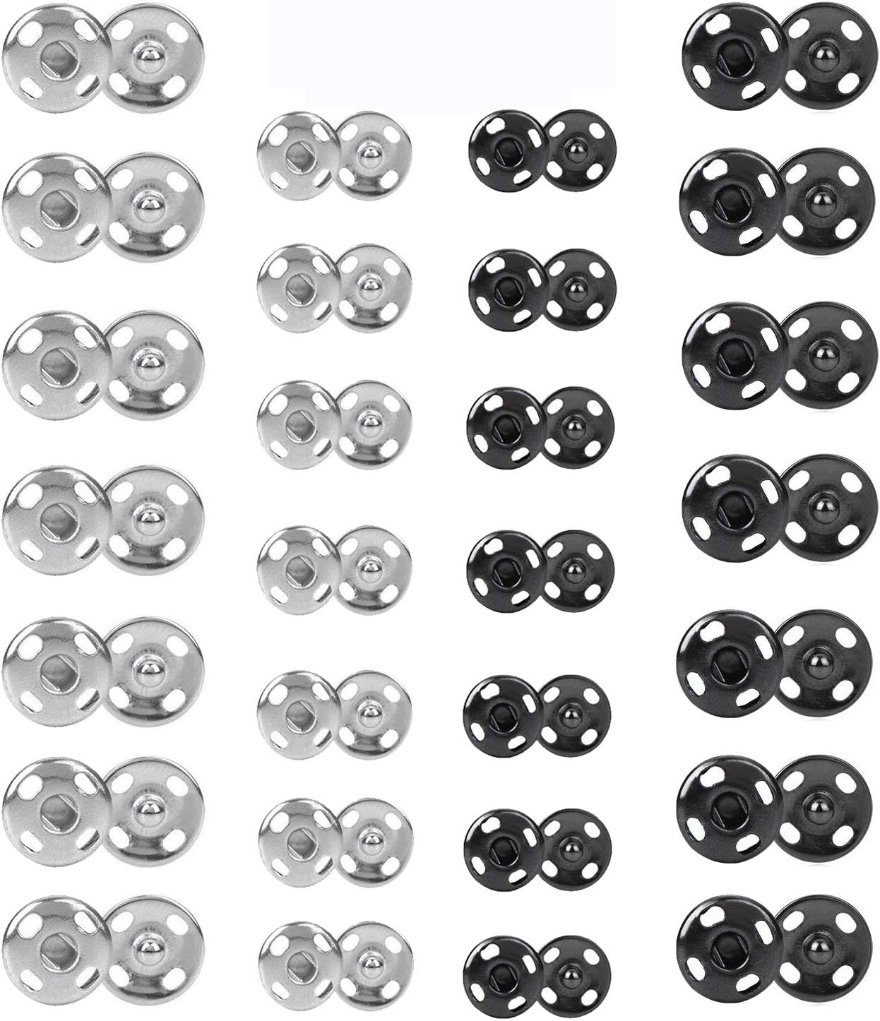 Janegio 200 Sets 8 mm and 10 mm Sew-on Snap Metal Snap Fastener Buttons Press Button for Sewing Clothing, Silver and Black