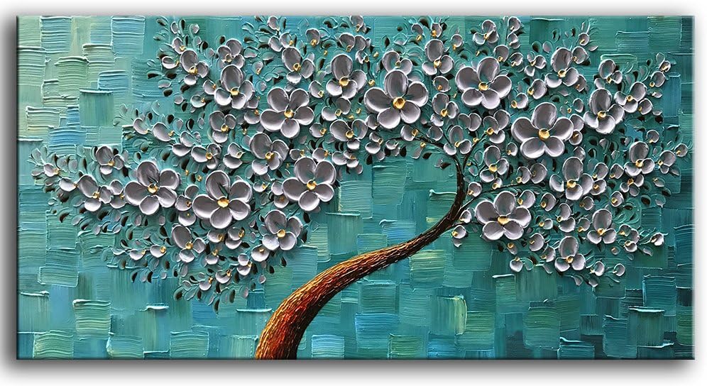 Paintings - YaSheng Art - 100% hand painted Oil Painting On Canvas Texture Palette Knife silver Flowers Paintings Modern Home Decor Wall Art Painting 3D Abstract Artwork Paintings (20x40inch)