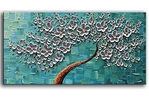 YaSheng Art- 3D Flowers Artwork Oil Painting On Canvas 100% Hand Painted Texture Silver Flowers Paintings Modern Canvas Wall Art Home Bedroom Living Room Office Wall Decor 24x48inch