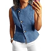 Tankaneo Women Denim Vest Tops Button Down Sleeveless Fitted Jean Tank Tops Trendy Casual Waistcoats