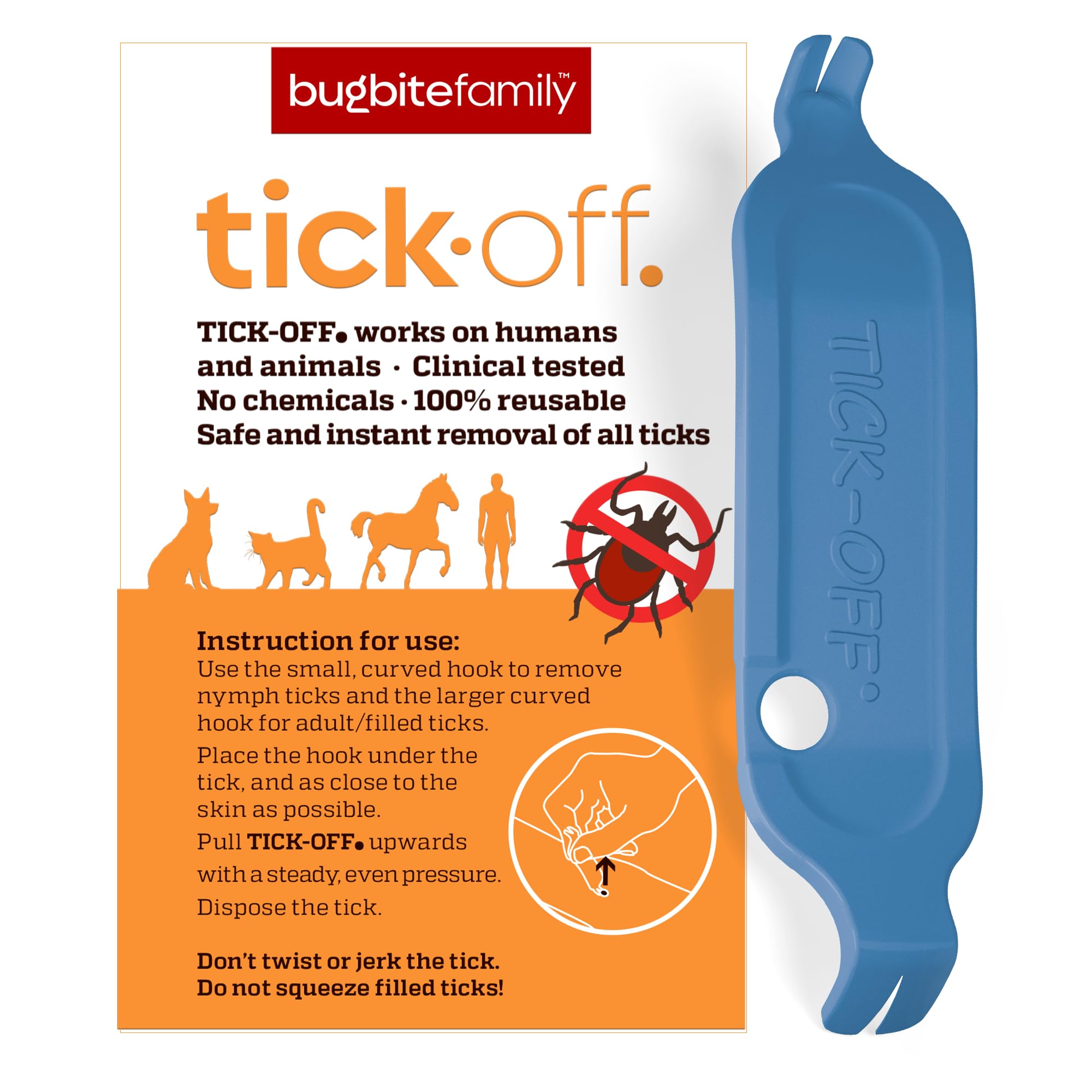 tick-off® Patented Tick Tweezers Human Tick Remover with 2 Sizes Tick Hook & Ergonomic Handle Double-Sided for Dogs Cats Horses Clinically Tested Single Pack Blue