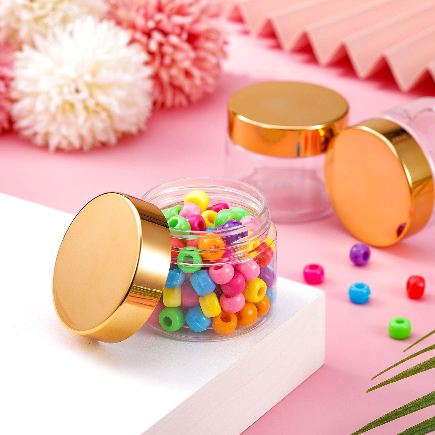 16 Pieces Round Clear Leak Proof Plastic Container Jar with Lid Plastic Slime Jar Empty Slime Storage Container Refillable Storage Favor Jar for Travel Cosmetic Lotion Creams (Gold,60 ml/ 2 oz)