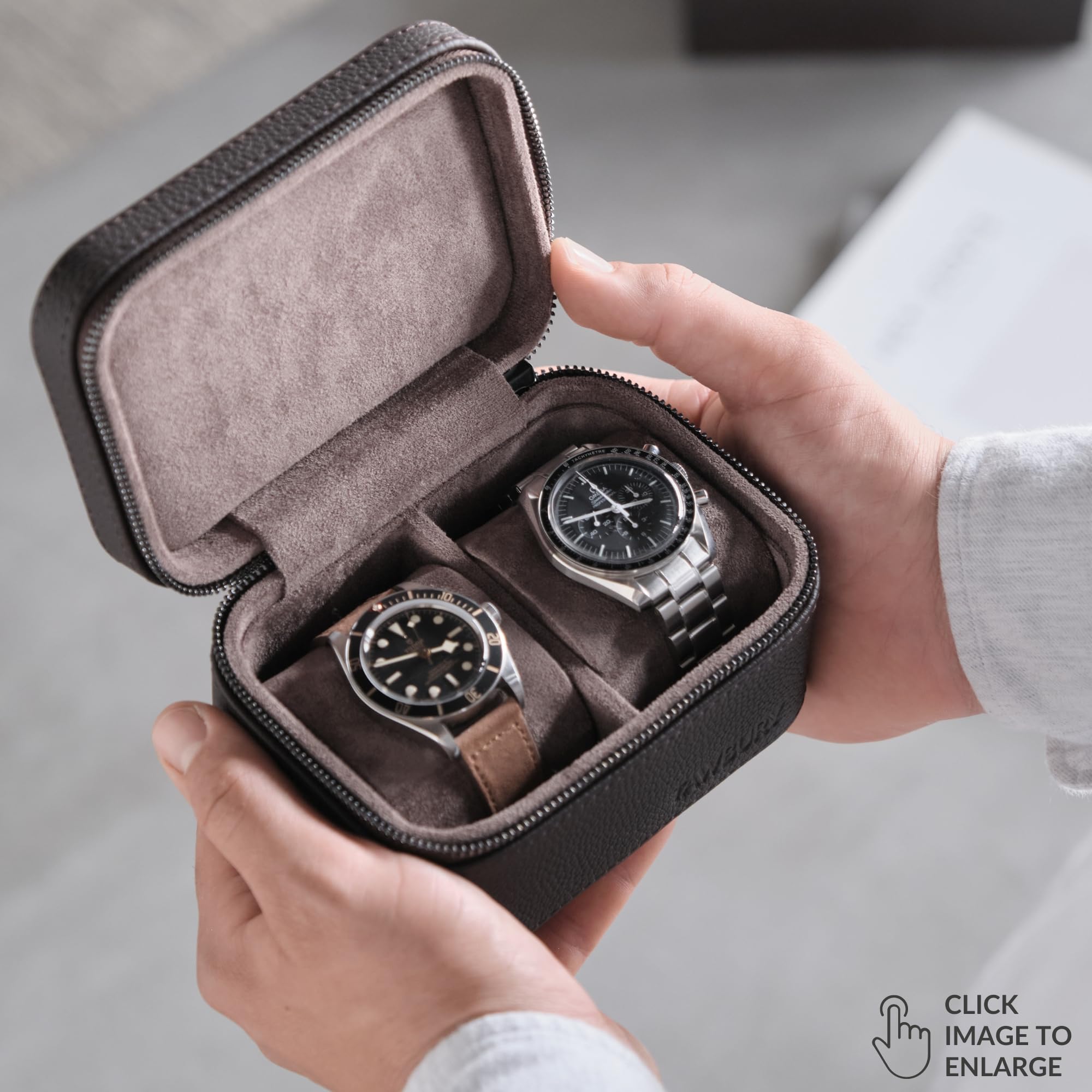 TAWBURY Watch Case - 2 Slot Genuine Top-Grain Leather Watch Travel Case for Men & Women with Metal Zipper and Extra Wide Pillows for Large Watches (Brown)