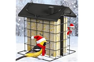Gbekery All-Metal Double Suet Bird Feeder for Outdoors Hanging, Suet Cake Cage Holder with Weather-Resistant Roof & Perch for Outside Garden, Black