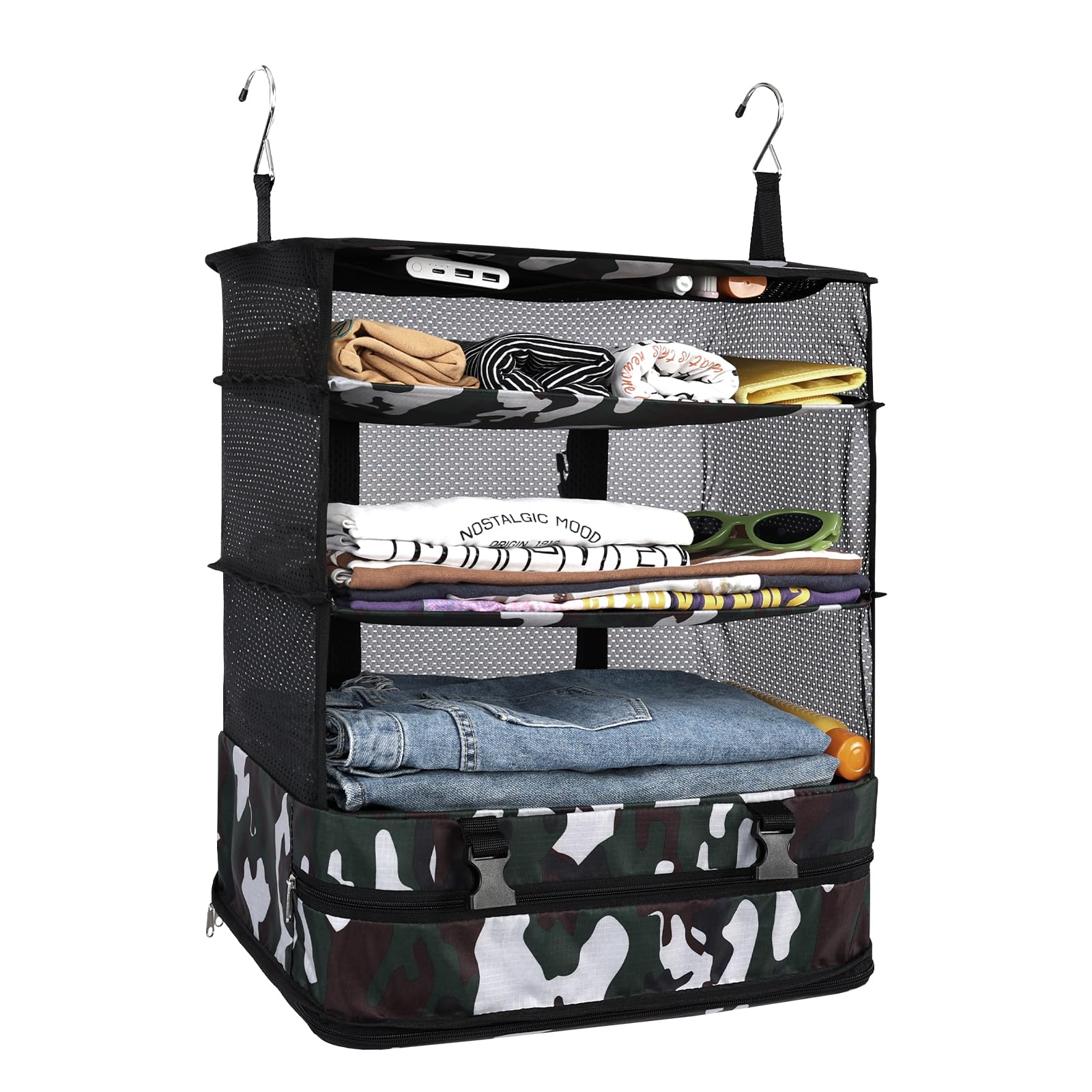 Surblue Hanging 3-Shelf Closet Organizer Pocket Collapsible Washable Oxford Fabric with 2 Hooks Camouflage XL