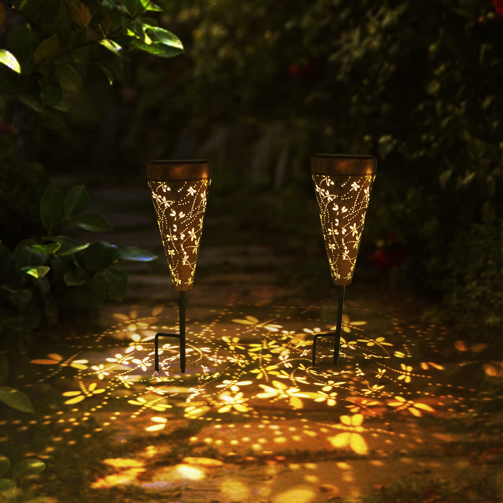 Photo 1 of 4 Pack Dragonfly Solar Garden Pathway Lights Outdoor,Metal Garden Decorations Outdoor Lights with Patterns and Warm Light,Waterproof Landscape Lighting for Path Patio Backyard Yard
