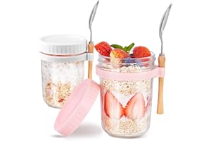 HomArtist Glass Overnight Oats Containers with Lids and Spoon, Wide Mouth Mason Jars for Overnight Oats, 16 oz Cereal, Yogurt， Salad Lunch Container with Measurement Marks - Pink & White 2 Pack