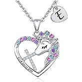 Unicorn Cross Necklace Gifts for Girls - Colorful CZ Heart Unicorn Necklaces Initial Necklace Birthday Baptism Christmas Gift for Girls Teens