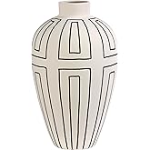 Olly & Rose Nile Cream with Etched Charcoal Lines Ceramic Vase - 20 x 20 x 34.5cm Large Flower Vase Contemporary Home and Tab