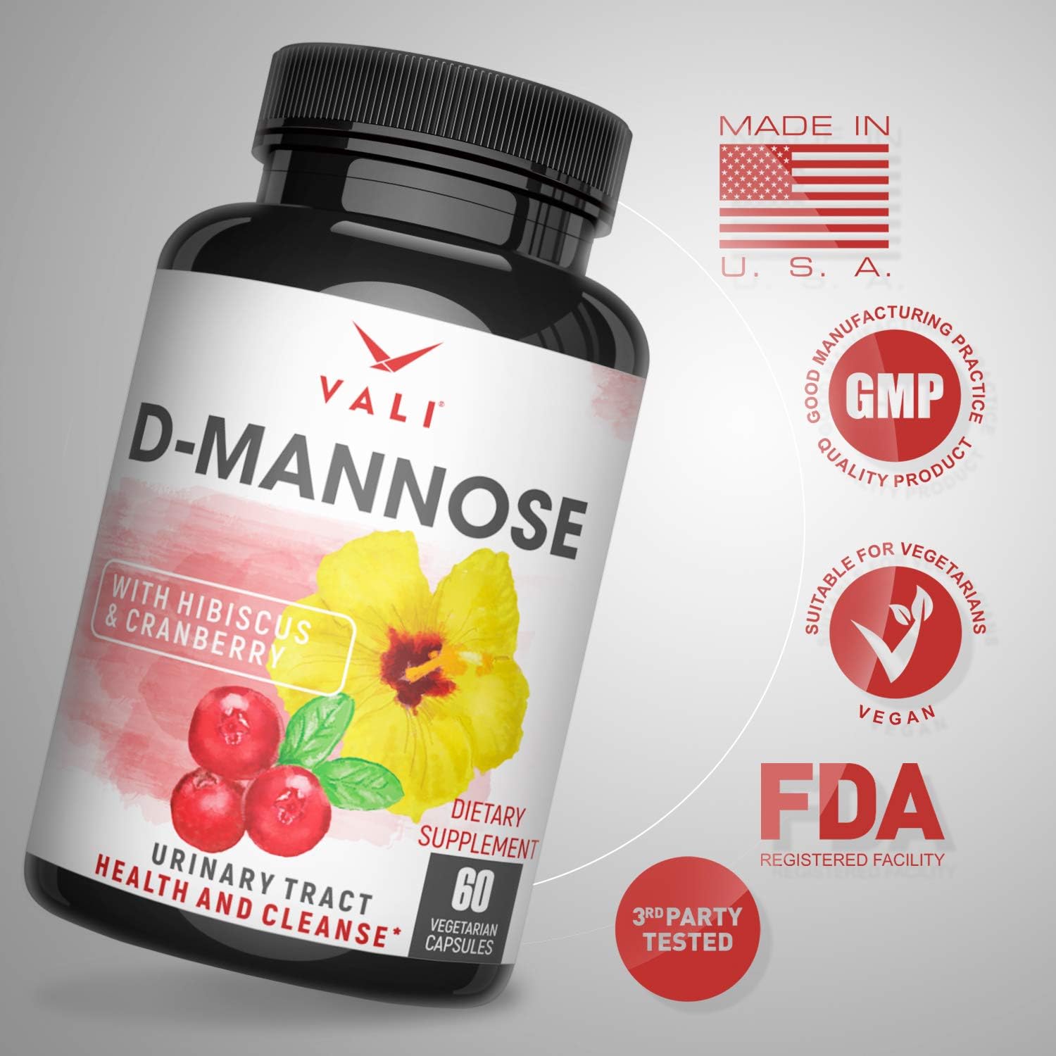 D Mannose 1000 mg Urinary Tract Health Formula - Triple Strength Organic Cranberry 50:1 Concentrate & Hibiscus. Healthy Bladder Function, Natural Yeast Cleanse & UTI Support Pills, 60 Veggie Capsules: Health & Personal Care