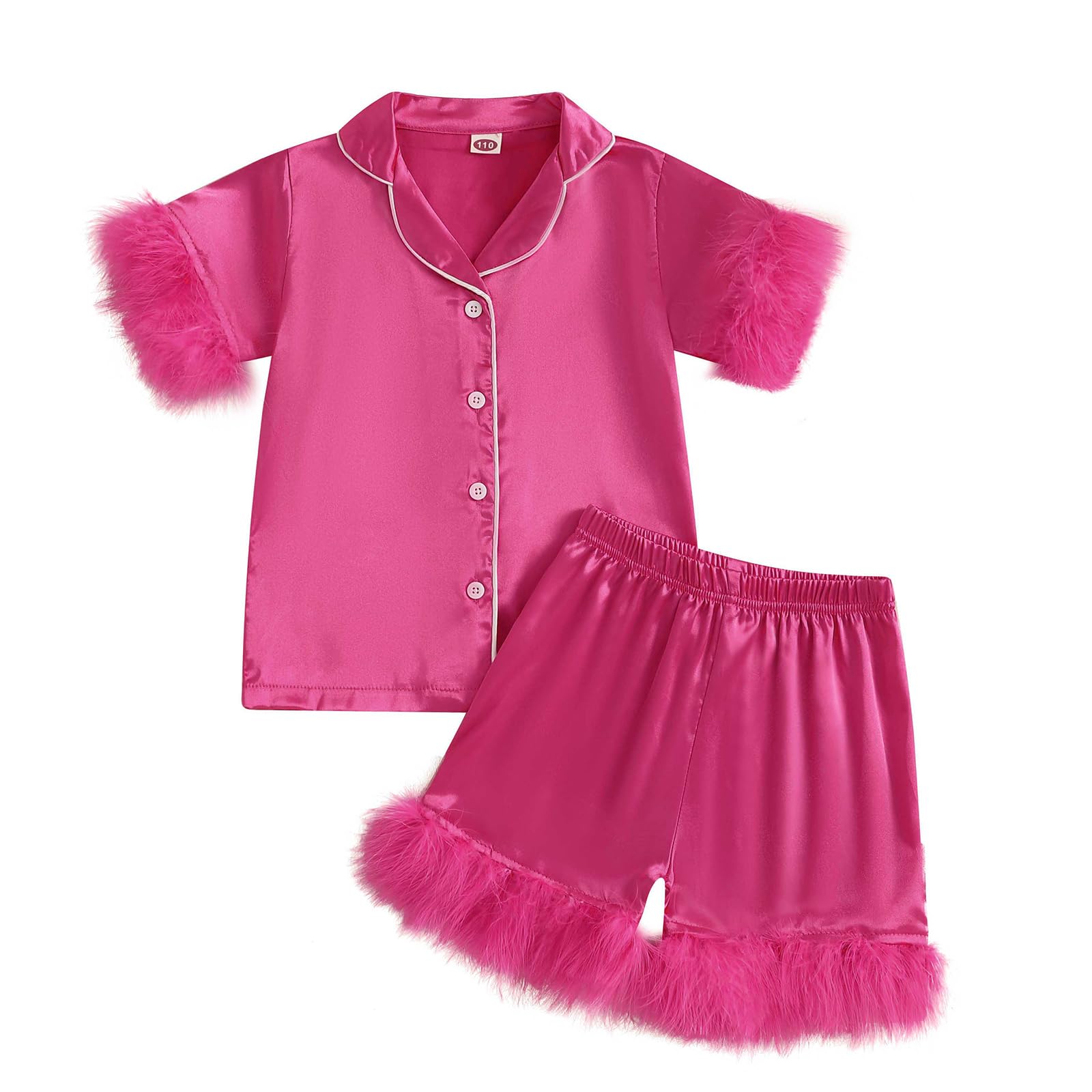 Photo 1 of Ayalinggo Toddler Silk Pajamas Baby Kids Girl Satin Summer Pjs Feather Pajamas Short Sleeve Sleepwear Nightgown Shorts Set (Watermelon Red, 3-4 Years)