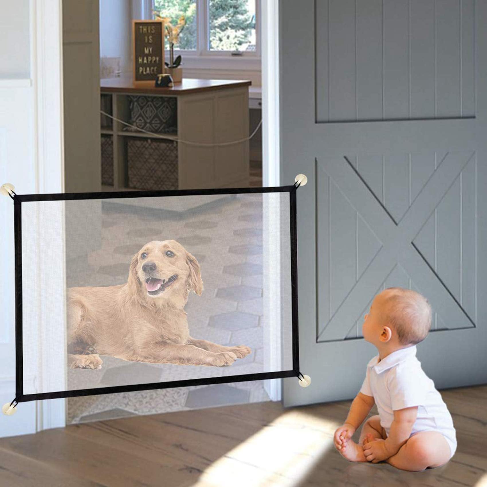 Magic Gate Pet Gate for Dog Doors with 8 Sticky Hooks Safety Kid Fence Black (43x29")