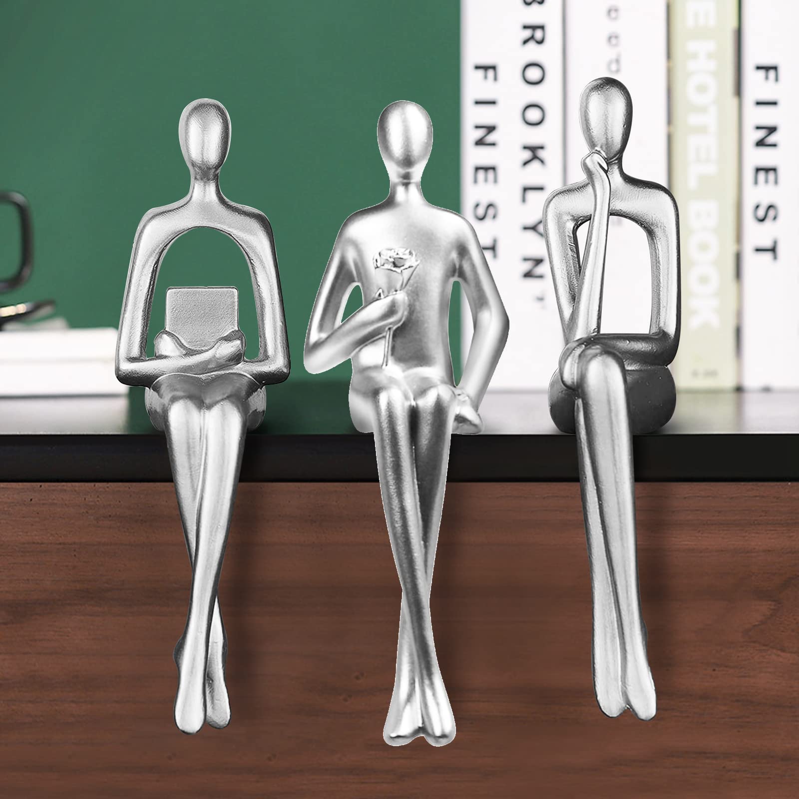 Masvan 3Pcs Silver Abstract Figurines Thinker Statues, Home Decor Resin Bookshelf Sitting Sculpture, Modern Collectible Accents for Office Living Room Coffee Table Shelves Decoration (Silver)