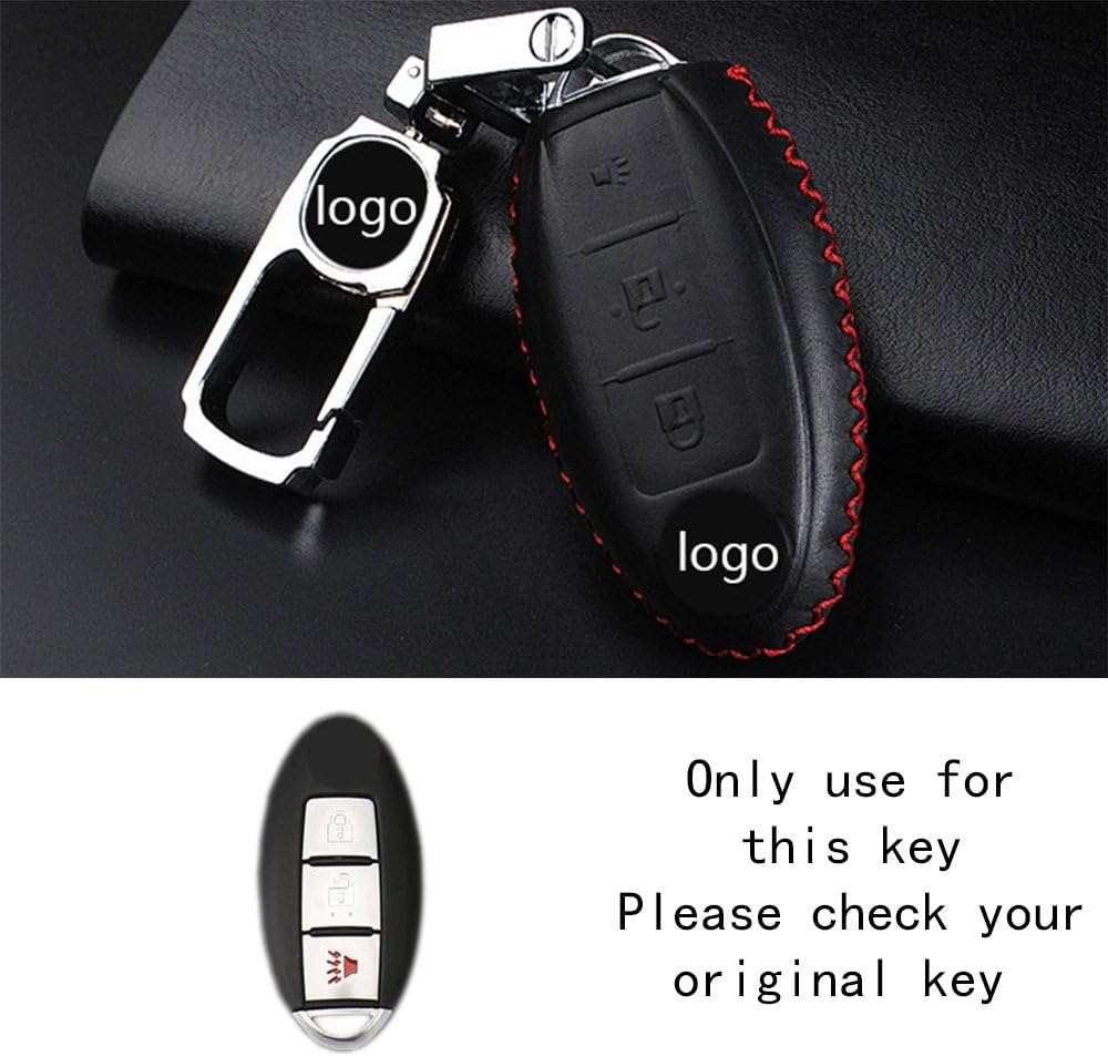 RAOPING Car Leather Remote Control Key chain Cover Case for Nissan Tidda Livida X-Trail T31 T32 Qashqai Teana March sunny Livina Sylphy Auto smart key holder bag 3 buttons (Black Red line)