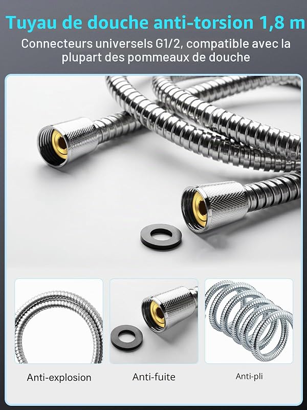 Pommeau de douche avec tuyau 1,8 m- YEAUPE Pommeau de douche avec filtre - haute pression avec 6 types de jets, chrome