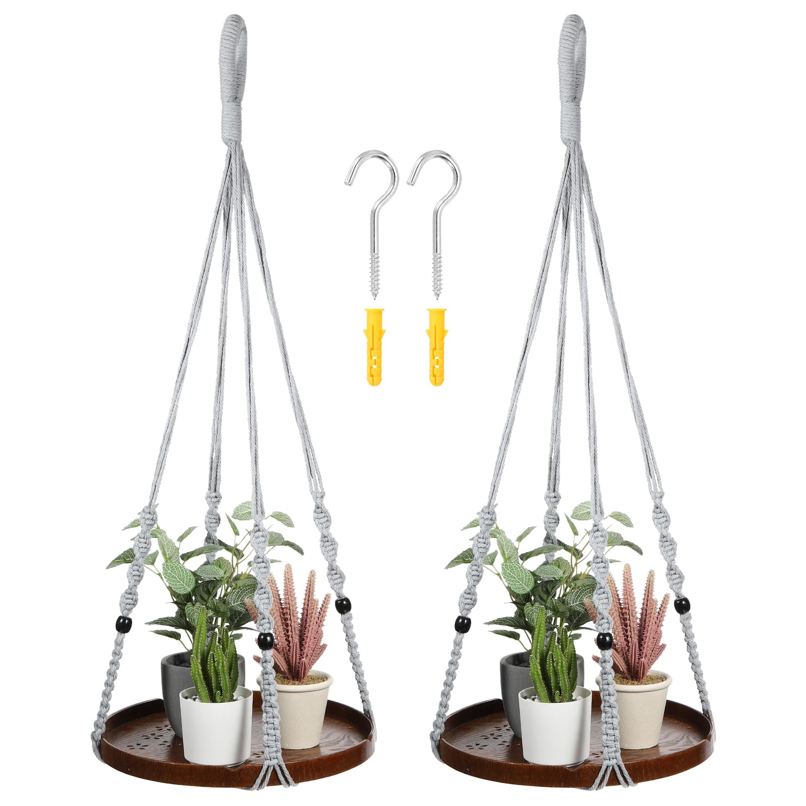 PATIKIL Macrame Plant Hangers Indoors, 2 Pack Hanging Plant Shelf with Sturdy Wood Base for Home Decor Hanging Wall Ceiling Window, Grey