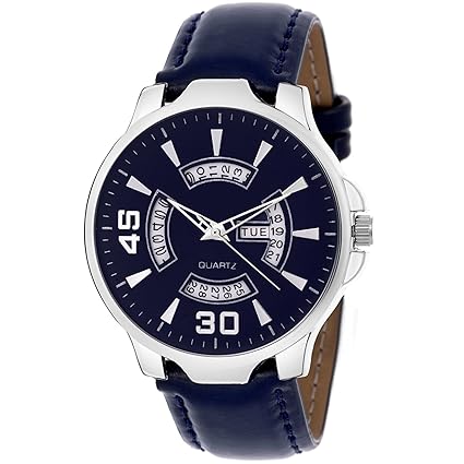 Swadesi Stuff Day & Date Leather Strap Blue Dial Mens Watch