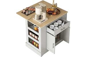 FUSUNBAO Large Kitchen Island with Storage & Power Outlet, Drawer, Adjustable Shelves, Side Open Compartments, and Drop Leaf,Island Table for Kitchen with Footrest,White