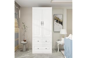 Keloyid Armoire Wardrobe Closet: Wood White Bedroom Armoire Storage Cabinet for Large Capacity with 2 Doors, Tall Armoire and Wardrobe Closet with 2 Drawers & Hanging Rail