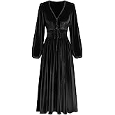 ZAFUL Womens Long Sleeve Velvet Dress 2025 Fall V Neck Holiday Cocktail Party Semi Formal Midi Dresses for Wedding Guest