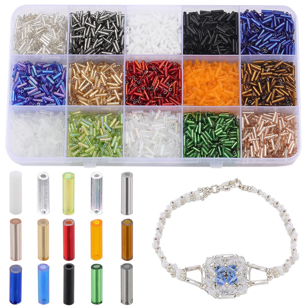 SUNNYCLUE 1 Box 2970pcs 15 Colors Glass Bugle Beads 6mm Seed Beads Bulk Small Long Round Tube Craft Loose Spacer Bead for Jewellery Making Beading Sewing Supplies DIY Necklace Bracelet Earrings Crafts
