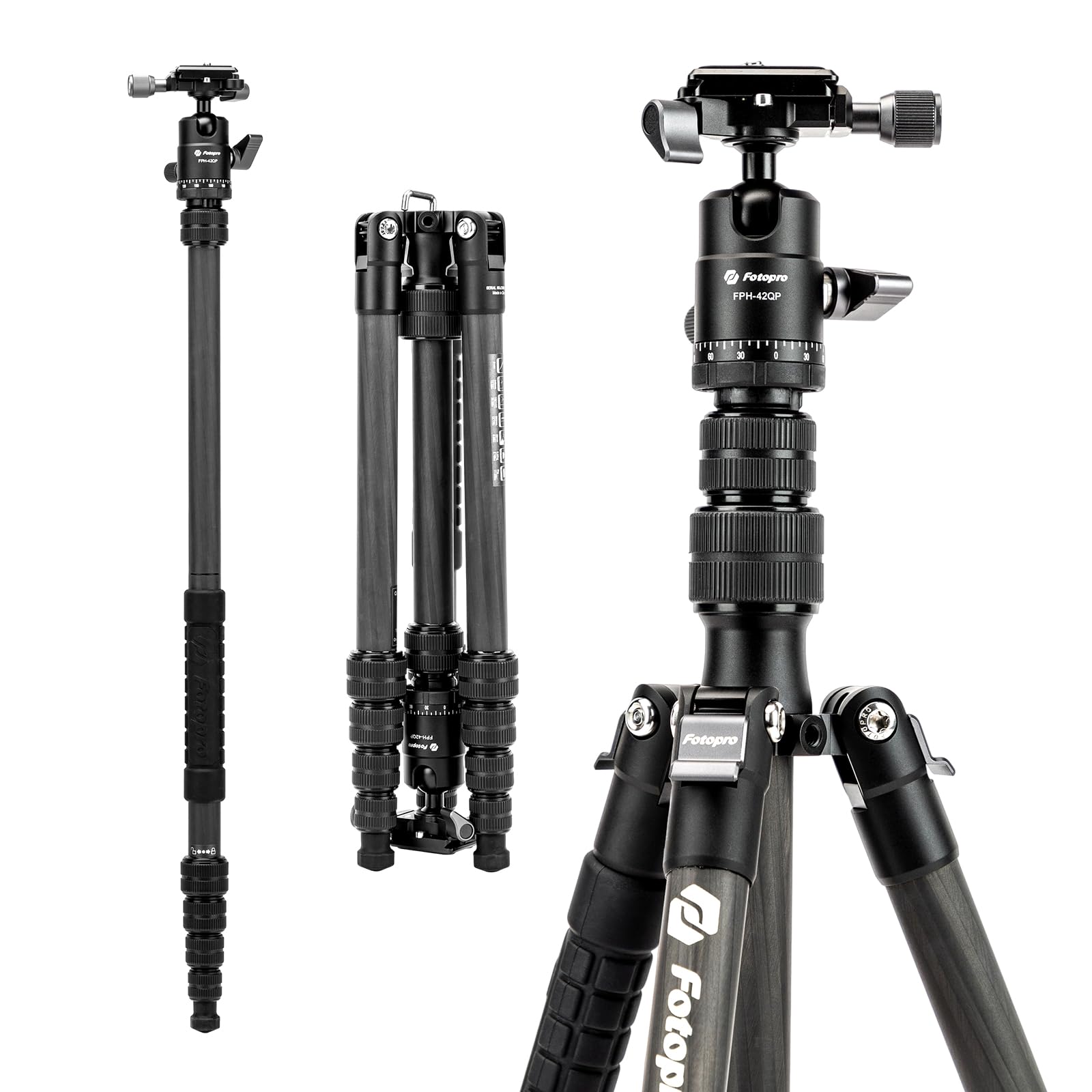 Photo 1 of Fotopro 62" Carbon Fiber Travel Tripod, Lightweight Compact Camera Tripod with Ball Head and Arca-Swiss Quick Release Plate, Detachable Monopod with Carry Bag, Load up to 8KG/17.63lbs, Weights 0.98kg