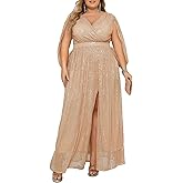 Madam Uniq Women Plus Size Sequin Dress Ribbon Sleeve V Neck Maxi Cocktail 1920s Evening Gown Wedding Guest Dresses