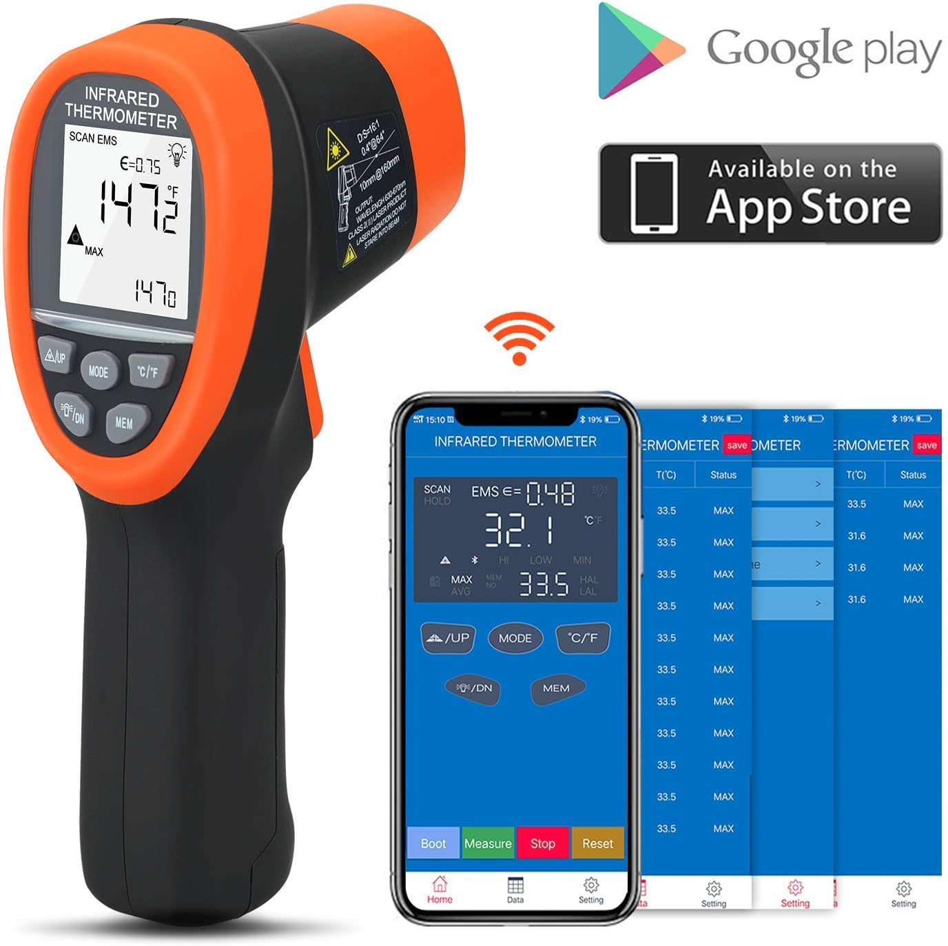 BTMETER BT-985CAPP Bluetooth 12:1 Digital Infrared Thermometer Temp Range -58℉~1472℉(-50℃～800℃) Non Contact IR Temperature Gun Tester with Backlit MAX/MIN/AVG for Kitchen Food Cooking HVAC Automotive