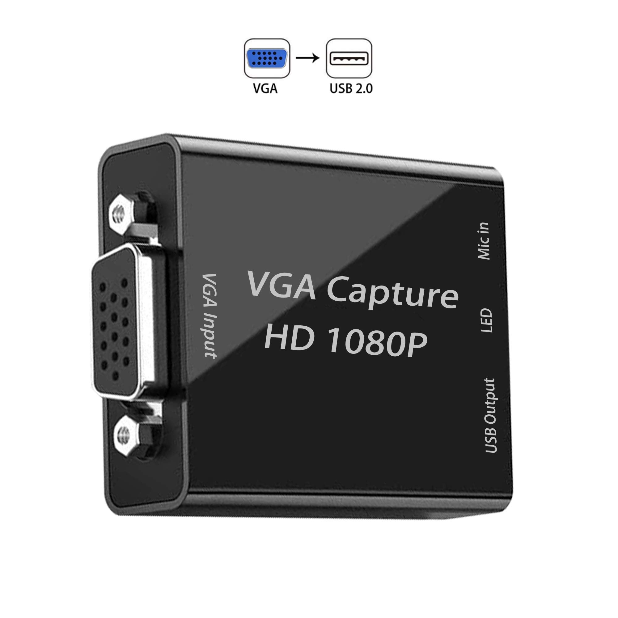VGA Capture Card, VGA to USB Capture Device with Mic Input Support HD Video for Gaming, Streaming, Teaching, Video Conference, Live Broadcasting