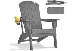 nevilywood Folding Adirondack Chair - Extended Ergonomic Backrest, Cup Holder - Easy Assembly - Durable HDPE Plastic, Weather Resistant & Maintenance-Free - Lawn, Patio, Deck Supports 400lbs Grey
