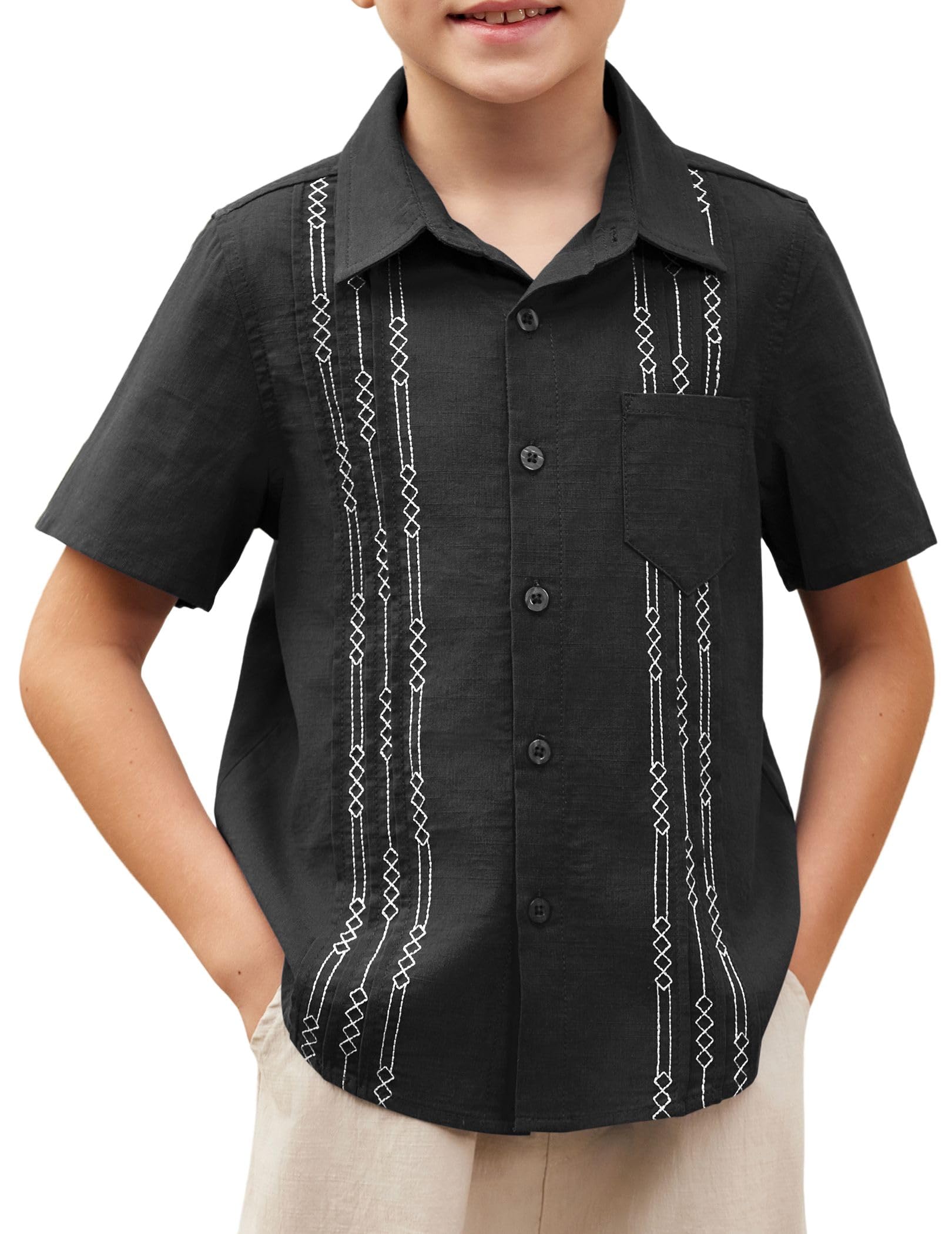 Photo 1 of Arshiner Boys Black Button Down Shirt Short Sleeve Linen Guayabera Shirt Summer Beach Tops Size 16