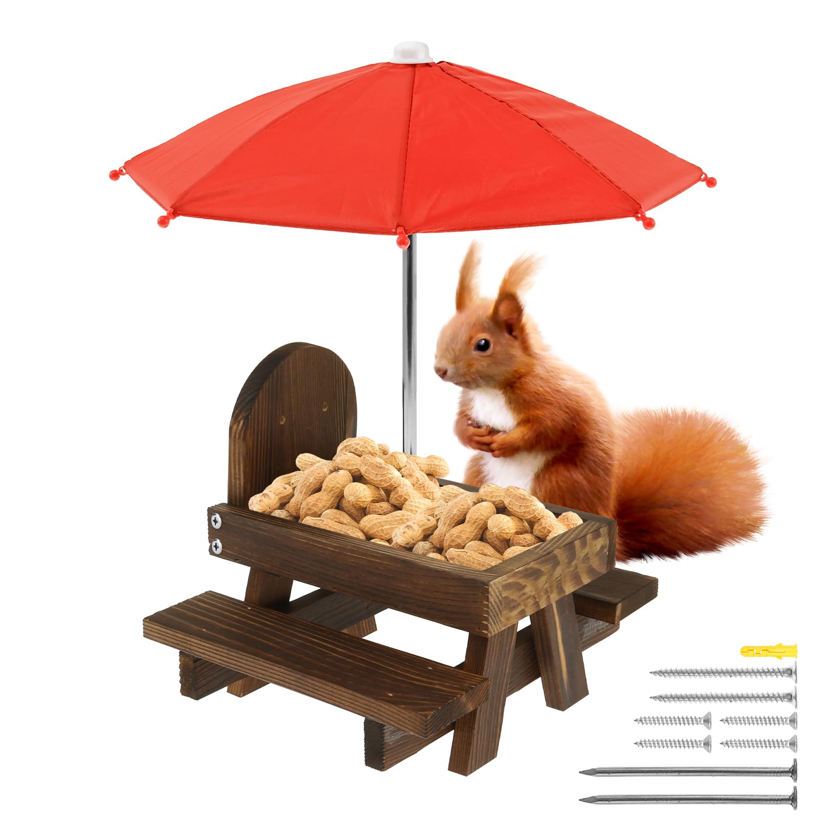 Squirrel Feeder Picnic Table with Umbrella & Corn Cob Holder, Outdoor Garden Ornaments for Bird Squirrel Chipmunk Wildlife Bench Feeder Station(Style D)