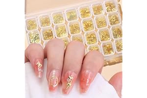 VEZOCIM 28 Grids Gold Metal Nail Studs, Multiple Shapes Rivet Jewelry Accessories, 3D Mix Geometry Nail Art Glitter Flakes Decorations Set for Women Girls Manicure Acrylic Nails Supplies DIY Crafts Sequins