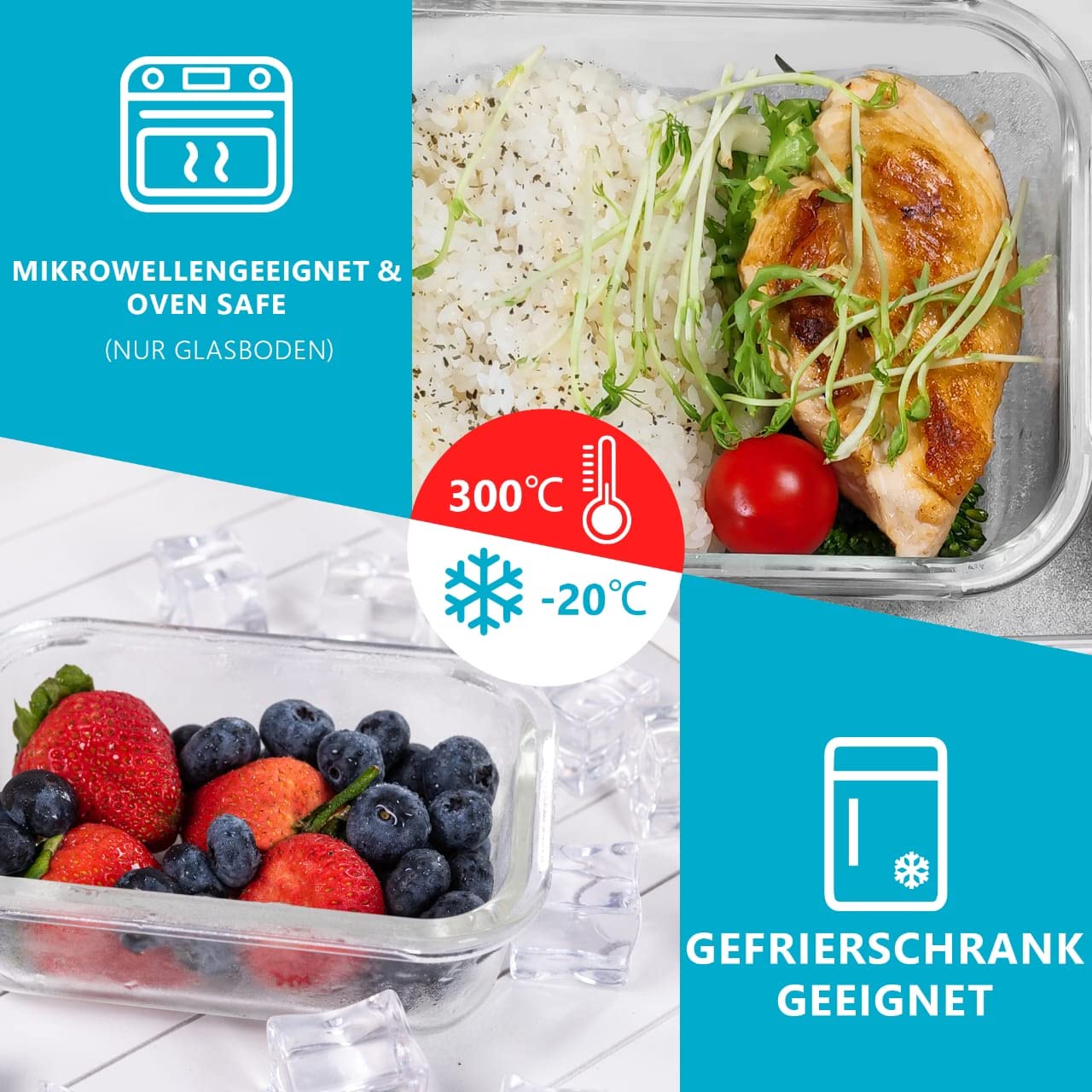 Igluu Meal Prep Glas-Frischhaltedosen mit BPA-freiem Deckel (5er-Pack + 1 Ersatzdeckel) – mikrowellen-, ofen-, gefrier-, spülmaschinengeeignet, auslaufsicher – 840 ml - robustes Borosilikatglas 3