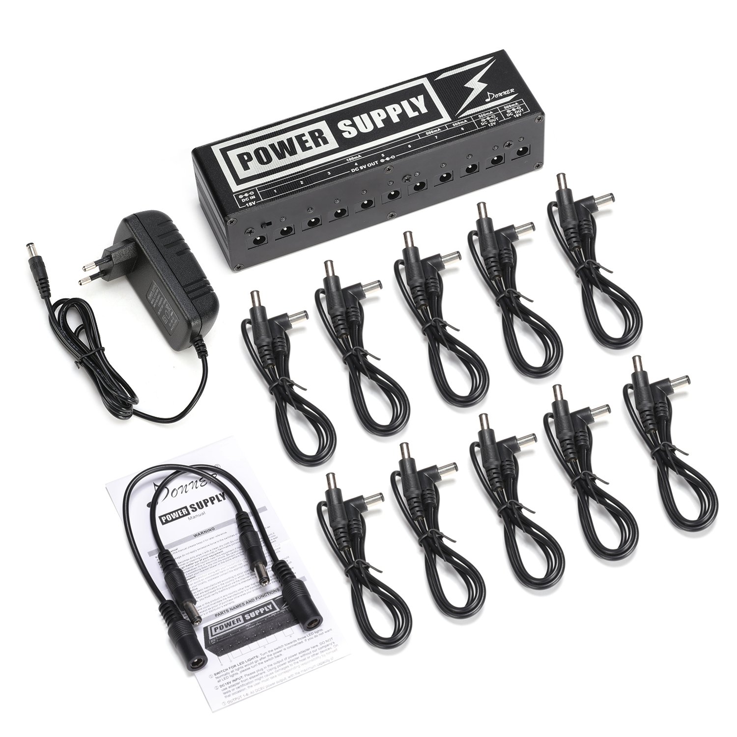 Donner DP-2 Guitar Pedal Power Supply 10 DC Output for 9V/12V/18V Effect Pedals
