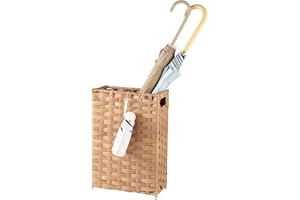 WAOHANAZ Rattan Umbrella Stand, Umbrella Holder for Entryway, Hand Woven Umbrella Rack Organizer Freestanding, with a Detachable Drip Tray, 4 Hooks, 11.8" L x 5.5" W x 16.5" H, Natural